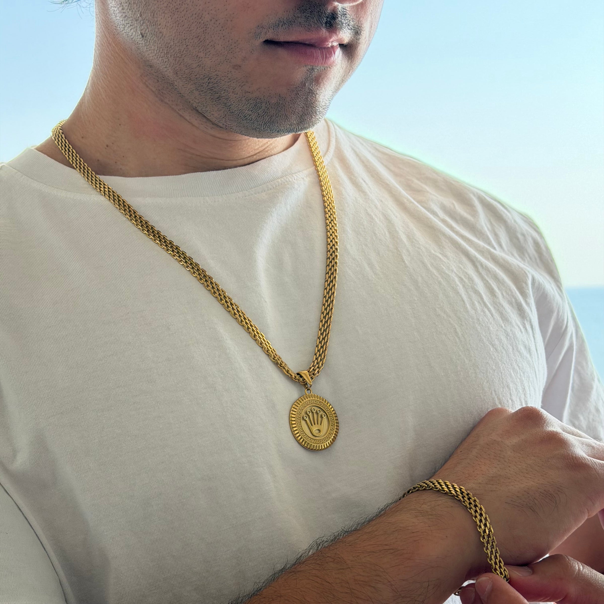 ENSEMBLE MAILLE ROYALE 6 MM + PENDENTIF COURONNE