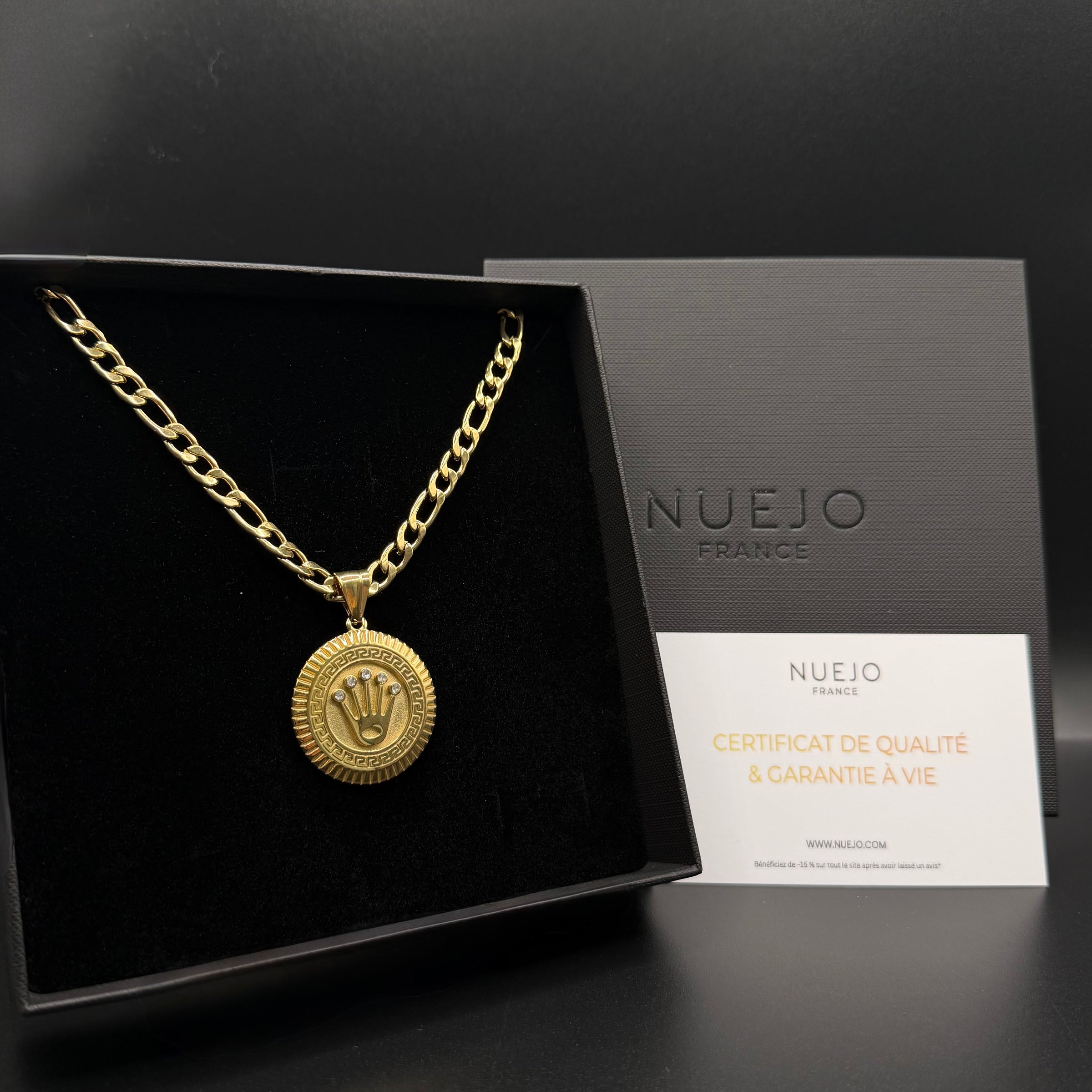 CHAÎNE FIGARO + PENDENTIF COURONNE